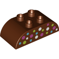 Visuel indicatif Rebrickable de Duplo brique 2 x 4 haut incurvé avec motif imprimé de points violet, bleu moyen, blanc et vert (Duplo Brick 2 x 4 Curved Top with Purple, Medium Blue, White and Green dots Print)