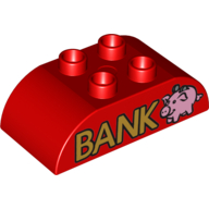 Visuel indicatif Rebrickable de Duplo brique 2 x 4 sommet incurvé avec or 'BANK' et tirelire rose motif imprimé (Duplo Brick 2 x 4 Curved Top with Gold 'BANK' and Pink Piggy Bank Print)