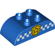 Visuel indicatif Rebrickable de Duplo brique 2 x 4 haut incurvé avec insigne de police en or et motif imprimé blanc à carreaux (Duplo Brick 2 x 4 Curved Top with Gold Police Badge and White Checked Print)