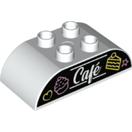 Visuel indicatif Rebrickable de Duplo brique 2 x 4 plateau courbé avec gâteaux et motif imprimé 'Cafe' (Duplo Brick 2 x 4 Curved Top with Cakes and 'Cafe' Print)