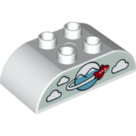 Visuel indicatif Rebrickable de Duplo brique 2 x 4 sommet incurvé avec avion encerclant globe, nuages motif imprimé (Duplo Brick 2 x 4 Curved Top with Airplane Circling Globe, Clouds Print)