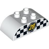 Visuel indicatif Rebrickable de Duplo brique 2 x 4 haut incurvé avec jaune '28' avec motif imprimé noir et blanc à damier (Duplo Brick 2 x 4 Curved Top with Yellow '28' with Black and White Checkered Print)