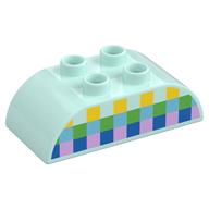Visuel indicatif Rebrickable de Duplo brique 2 x 4 haut incurvé avec motif imprimé jaune, vert, moyen Azur, bleu et lumineux Carrés (Duplo Brick 2 x 4 Curved Top with Yellow, Green, Medium Azure, Blue, and Bright Print Squares Print)