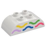 Visuel indicatif Rebrickable de Duplo brique 2 x 4 cintré haut avec des lignes ondulées jaune, vert, rose vif, bleu et corail motif imprimé (Duplo Brick 2 x 4 Curved Top with Yellow, Green, Bright Pink, Blue, and Coral Wavy Lines Print)