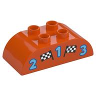 Visuel indicatif Rebrickable de Duplo brique 2 x 4 haut incurvé avec 2 drapeaux à damier et motif imprimé '1', '2' et '3' (Duplo Brick 2 x 4 Curved Top with 2 Checkered Flags and '1', '2', and '3' Print)
