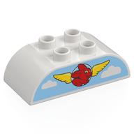 Visuel indicatif Rebrickable de Duplo brique 2 x 4 haut incurvé avec ailes jaunes, lapin rouge sur motif imprimé ciel bleu (Duplo Brick 2 x 4 Curved Top with Yellow Wings, Red Bunny on Blue Sky Print)