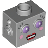 Tête de minifigurine spéciale, Robot aux yeux violets, cils, bouche ouverte avec motif imprimé Lèvres rouges (Robot dame) (Minifig Head Special, Robot with Purple Eyes, Eyelashes, Open Mouth with Red Lips Print (Lady Robot))
