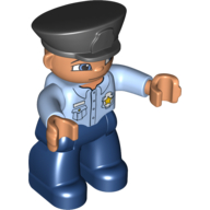 Visuel indicatif Rebrickable de Duplo avec chapeau de style policier noir, avec jambes bleu foncé, haut bleu clair avec badge, mains nougat, avec yeux bleus (Duplo Figure with Police Style Hat Black, with Dark Blue Legs, Light Blue Top with Badge, Nougat Hands, with Blue Eyes)