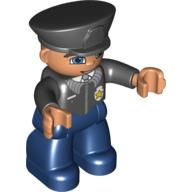 Visuel indicatif Rebrickable de Figurine Duplo avec chapeau de style policier noir, avec jambes bleu foncé, haut noir avec badge, bras noirs, yeux bleus (Duplo Figure with Police Style Hat Black, with Dark Blue Legs, Black Top with Badge, Black Arms, Blue Eyes)