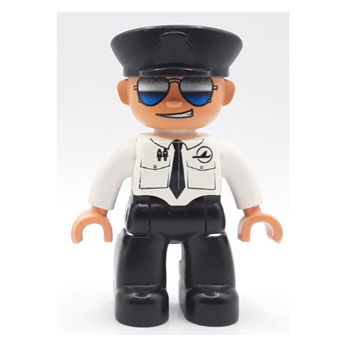 Visuel indicatif Rebrickable de Figurine Duplo avec chapeau de style policier noir, avec haut blanc avec logo d'avion et cravate noire, lunettes de soleil, jambes noires (Duplo Figure with Police Style Hat Black, with White Top with Airplane Logo and Black Tie, Sunglasses, Black Legs)