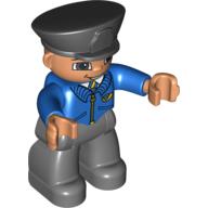 Visuel indicatif Rebrickable de Figurine Duplo avec chapeau de style policier noir, avec sourire ouvert, veste bleue avec corne de maille, jambes gris bleuté foncé (Duplo Figure with Police Style Hat Black, with Open Smile, Blue Jacket with Mail Horn, Dark Bluish Gray Legs)