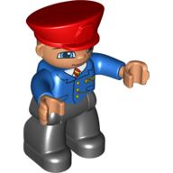 Visuel indicatif Rebrickable de Figurine Duplo avec chapeau de style policier rouge, avec jambes noires, veste bleue avec cravate, mains de nougat, chapeau rouge, sourire, motif imprimé moustache (conducteur de train) (Duplo Figure with Police Style Hat Red, with Black Legs, Blue Jacket with Tie, Nougat Hands, Red Hat, Smile, Moustache Print (Train Conductor))