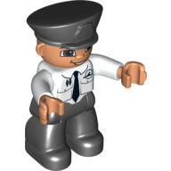 Visuel indicatif Rebrickable de Figurine Duplo avec chapeau de style policier noir, logo avion et cravate noire, jambes noires (Duplo Figure with Police Style Hat Black, Airplane Logo and Black Tie, Black Legs)