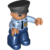 Visuel indicatif Rebrickable de Figurine Duplo avec chapeau de style policier noir, avec haut bleu clair vif avec badge et cravate, visage et mains de nougat et jambes bleu foncé (Duplo Figure with Police Style Hat Black, with Bright Light Blue Top with Badge and Tie, Nougat Face and Hands, and Dark Blue Legs)