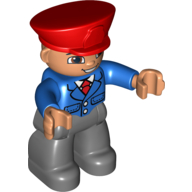 Visuel indicatif Rebrickable de Figurine Duplo avec police style chapeau rouge, avec les jambes gris bleuté foncé, veste bleue avec cravate, sourire avec les dents (conducteur de train) (Duplo Figure with Police Style Hat Red, with Dark Bluish Gray Legs, Blue Jacket with Tie, Smile with Teeth (Train Conductor))
