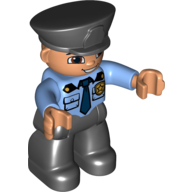 Visuel indicatif Rebrickable de Figurine Duplo avec Police Style chapeau Noir, avec dessus bleu moyen avec poches et insigne, jambes noires (Duplo Figure with Police Style Hat Black, with Medium Blue Top with Pockets and Badge, Black Legs)
