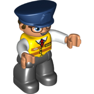 Visuel indicatif Rebrickable de Figurine Duplo avec chapeau de style policier bleu foncé, avec jambes noires, gilet jaune avec cravate rouge, bras blancs, lunettes aux yeux bleus (Duplo Figure with Police Style Hat Dark Blue, with Black Legs, Yellow Vest with Red Tie, White Arms, Glasses with Blue Eyes)