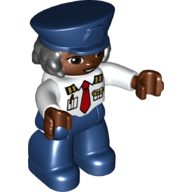Visuel indicatif Rebrickable de Figurine Duplo avec chapeau de style policier bleu foncé et cheveux, avec jambes bleu foncé, chemise pilote avec poches et motif imprimé cravate rouge (Duplo Figure with Police Style Hat Dark Blue and Hair, with Dark Blue Legs, Pilot Shirt with Pockets and Red Tie Print)