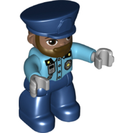 Visuel indicatif Rebrickable de Duplo figurine avec Police Style chapeau bleu foncé, avec des jambes bleu foncé, brun foncé Barbe, chemise avec insigne de police et Radio motif imprimé (Duplo Figure with Police Style Hat Dark Blue, with Dark Blue Legs, Dark Brown Beard, Shirt with Police Badge and Radio Print)