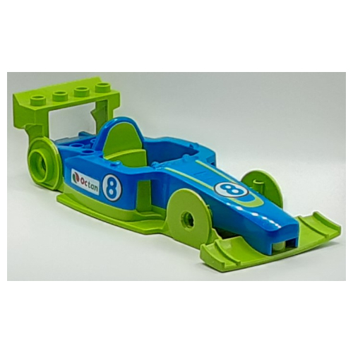 Visuel indicatif Rebrickable de Duplo toolo formule châssis de voiture avec haut bleu et numéro 8 et Octan logo motif imprimé (Duplo Toolo Formula Car Chassis Assembly with Blue Top and Number 8 and Octan Logo Print)