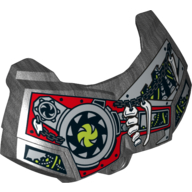 Visuel indicatif Rebrickable de Couverture de poitrine de grande figurine, Armure petite avec des os sur la chaîne, cercle de vert citron, panneau rouge avec rivets, engrenages motif imprimé (Large Figure Chest Cover, Armour Small with Bones on Chain, Lime Circle, Red Panel with Rivets, Gears Print)