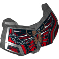 Visuel indicatif Rebrickable de Grande couverture de poitrine de figurine, petit armure avec fond rouge, chaînes et engrenages motif imprimé (Large Figure Chest Cover, Armour Small with Red Background, Chains and Gears Print)