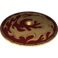 Visuel indicatif Rebrickable de Plat 9 x 9 inversé avec trou d'connecteur (radar) et motif imprimé phénix et flammes d'or (Dish 9 x 9 Inverted with Pin Hole (Radar) and Gold Phoenix and Flames Print)