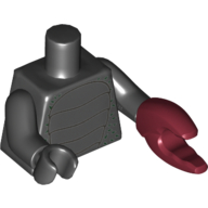 Torse, coquillage avec écailles et motif imprimé de taches vert foncé, bras noirs et main droite, pince de crabe rouge foncé gauche (Torso, Shell with Scales and Dark Green Specks Print, Black Arms and Right Hand, Dark Red Crab Pincer Left)