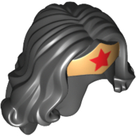 Cheveux et tiare, long ondulé, tiare d'or avec motif imprimé étoile rouge (femme merveille) (Hair and Tiara, Long Wavy, Gold Tiara with Red Star Print (Wonder Woman))