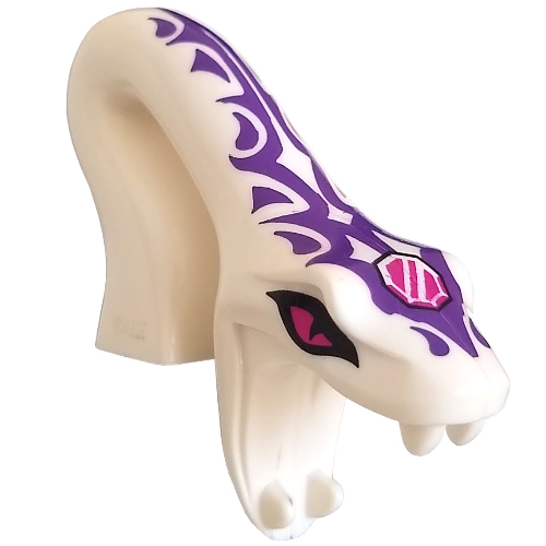 Tête de minifigurine Spécial, Serpent, Arché avec bouche ouverte et yeux roses foncés, Marquages violet foncé motif imprimé (Minifig Head Special, Snake, Arched with Open Mouth and Dark Pink Eyes, Dark Purple Markings Print)