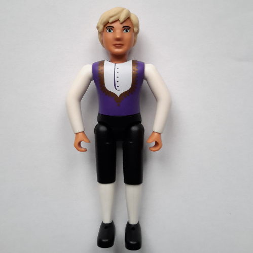 Visuel indicatif Rebrickable de Belville figurine Coudes fixes, hommes, cheveux jaune clair, pantalon noir, chemise blanche, gilet violet foncé avec garniture en or, chaussures noires (roi) (Belville Figure Fixed Elbows, Male, Light Yellow Hair, Black Pants, White Shirt, Dark Purple Waistcoat with Gold Trim, Black Shoes (King))