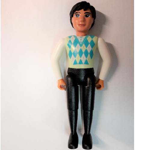Belville figurine Coudes fixes, hommes, cheveux noirs, jambes noires, bras blancs, vert citron légère, bleu ciel et blanc Argyle haut (Belville Figure Fixed Elbows, Male, Black Hair, Black Legs, White Arms, Light Lime, Sky Blue, and White Argyle Top)