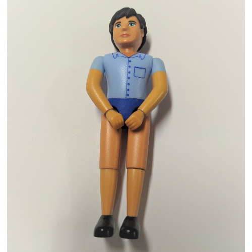 Visuel indicatif Rebrickable de Belville figurine Coudes fixes, Homme, Cheveux noirs, Chemise bleu clair, Pantalon court bleu (Belville Figure Fixed Elbows, Male, Black Hair, Light Blue Shirt, Blue Short Pants)