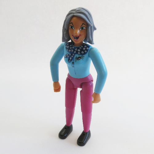 Visuel indicatif Rebrickable de Belville figurine Coudes fixes, femelle, cheveux bleu sable, haut bleu ciel avec foulard et motif imprimé araignée, jambes magenta (Belville Figure Fixed Elbows, Female, Sand Blue Hair, Sky Blue Top with Scarf and Spider Print, Magenta Legs)