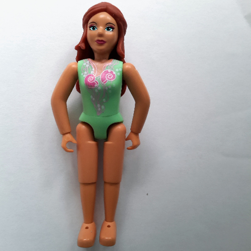 Visuel indicatif Rebrickable de Belville figurine Coudes fixes, Femme, Cheveux orange rouille, Maillot de bain avec motif imprimé coquillage (Belville Figure Fixed Elbows, Female, Rust Orange Hair, Swimsuit with Seashell Print)