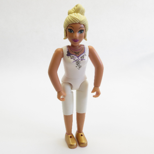 Visuel indicatif Rebrickable de Belville figurine Coudes fixes, femelle, cheveux jaune clair, haut blanc avec encolure de fleur violette (Belville Figure Fixed Elbows, Female, Light Yellow Hair, White Top with Purple Flower Neckline)