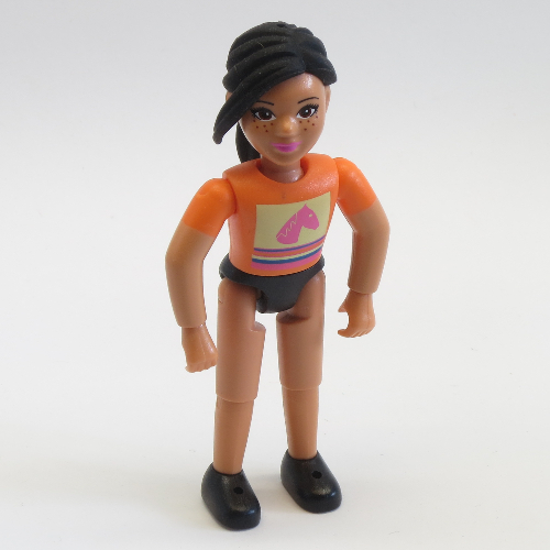 Visuel indicatif Rebrickable de Belville figurine Coudes fixes, enfant, femme, queue de cheval noire et chemise orange avec tête de cheval (Belville Figure Fixed Elbows, Child, Female, Black Ponytail and Orange Shirt with Horse Head)