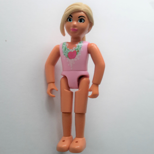 Visuel indicatif Rebrickable de Belville figurine Coudes fixes, enfant, femme, cheveux jaune clair, maillot de bain rose avec motif imprimé coquillage (Belville Figure Fixed Elbows, Child, Female, Light Yellow Hair, Pink Swimsuit with Seashell Print)