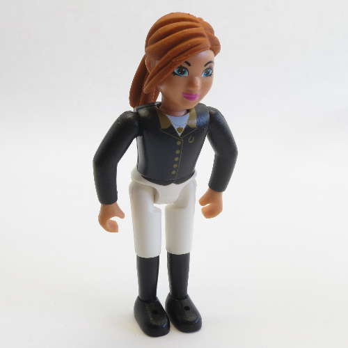 Visuel indicatif Rebrickable de Belville figurine fixe coudes, enfant, femme, cheveux orange foncé, court blanc, chemise noire avec des boutons d'or et collier, bottes noires (coureur) (Belville Figure Fixed Elbows, Child, Female, Dark Orange Hair, White Shorts, Black Shirt with Gold Buttons and Collar, Black Boots (Horse Rider))