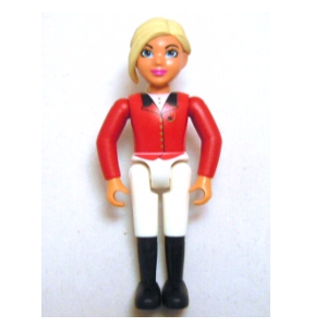 Visuel indicatif Rebrickable de Belville figurine Coudes fixes, Enfant, Femme, Cheveux jaune clair, court blanc, Chemise rouge (coureur) (Belville Figure Fixed Elbows, Child, Female, Light Yellow Hair, White Shorts, Red Shirt (Horse Rider))