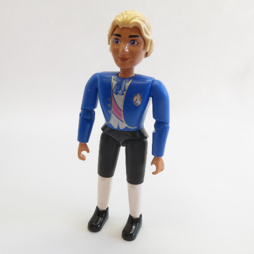 Visuel indicatif Rebrickable de Belville figurine Coudes articulés, hommes, cheveux jaune clair, chemise blanche veste bleue avec ceinture violette et arc bleu, culottes noires (Belville Figure Articulated Elbows, Male, Light Yellow Hair, White Shirt Blue Jacket with Purple Sash and Blue Bow, Black Breeches)