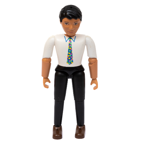 Visuel indicatif Rebrickable de Belville figurine Coudes articulés, hommes, cheveux noirs, pantalon noir, chemise blanche, cravate multicolore (Belville Figure Articulated Elbows, Male, Black Hair, Black Pants, White Shirt, Multicolored Necktie)
