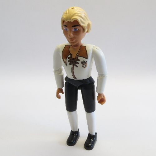 Belville figurine articulée coudes, mâle, cheveux jaune clair, chemise blanche avec lacets et logo écusson royal motif imprimé (prince justin) (Belville Figure Articulated Elbows, Male, Light Yellow Hair, White Shirt with Laces and Royal Crest Logo Print (Prince Justin))