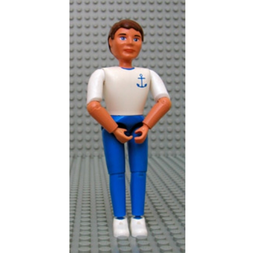 Belville figurine Coudes articulés, hommes, cheveux bruns, chemise blanche avec motif imprimé ancre, pantalon bleu, chaussures blanches (Belville Figure Articulated Elbows, Male, Brown Hair, White Shirt with Anchor Print, Blue Pants, White Shoes)