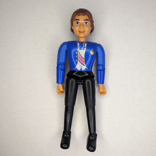 Visuel indicatif Rebrickable de Belville figurine coudes articulés, mâle, cheveux bruns, pantalon noir, veste bleue avec ceinture violette et motif imprimé arc bleu (Belville Figure Articulated Elbows, Male, Brown Hair, Black Pants, Blue Jacket with Purple Sash and Blue Bow Print)