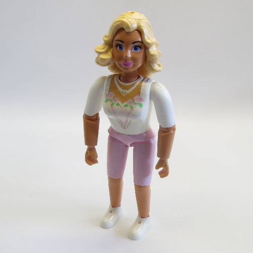 Visuel indicatif Rebrickable de Belville figurine Coudes articulés, femelle, cheveux jaune clair, haut blanc avec motif imprimé fleurs et feuilles col (Belville Figure Articulated Elbows, Female, Light Yellow Hair, White Top with Flowers and Leaves Collar Print)