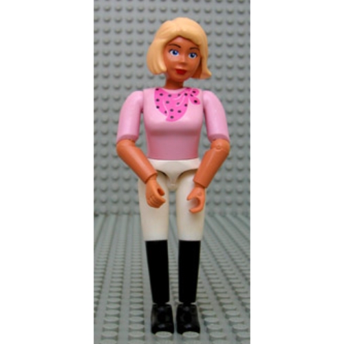 Visuel indicatif Rebrickable de Belville figurine Coudes articulés, femelle, cheveux jaune clair, court blanc, style bottes noires, chemise rose avec motif imprimé écharpe rose foncé (Belville Figure Articulated Elbows, Female, Light Yellow Hair, White Shorts, Black Boots Style, Pink Shirt with Dark Pink Scarf Print)