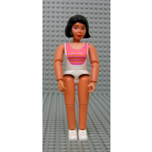 Visuel indicatif Rebrickable de Belville figurine Coudes articulés, femme, cheveux noirs, maillot de bain blanc avec des rayures rose foncé et orange clair, chaussures blanches (Belville Figure Articulated Elbows, Female, Black Hair, White Swimsuit with Dark Pink and Light Orange Stripes, White Shoes)