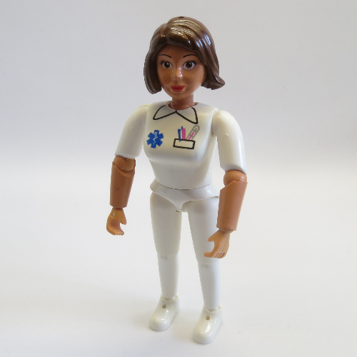 Visuel indicatif Rebrickable de Belville figurine articulé coudes, femme, cheveux bruns, pantalon blanc, chemise blanche avec emt étoile de la vie motif imprimé (médical) (Belville Figure Articulated Elbows, Female, Brown Hair, White Pants, White Shirt with EMT Star of Life Print (Medic))