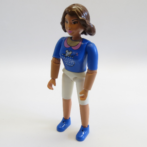 Belville figurine Coudes articulés, femelle, cheveux bruns, haut bleu avec motif à carreaux poche avec motif imprimé souris (Belville Figure Articulated Elbows, Female, Brown Hair, Blue Top with Check Pattern Pocket with Mouse Print)